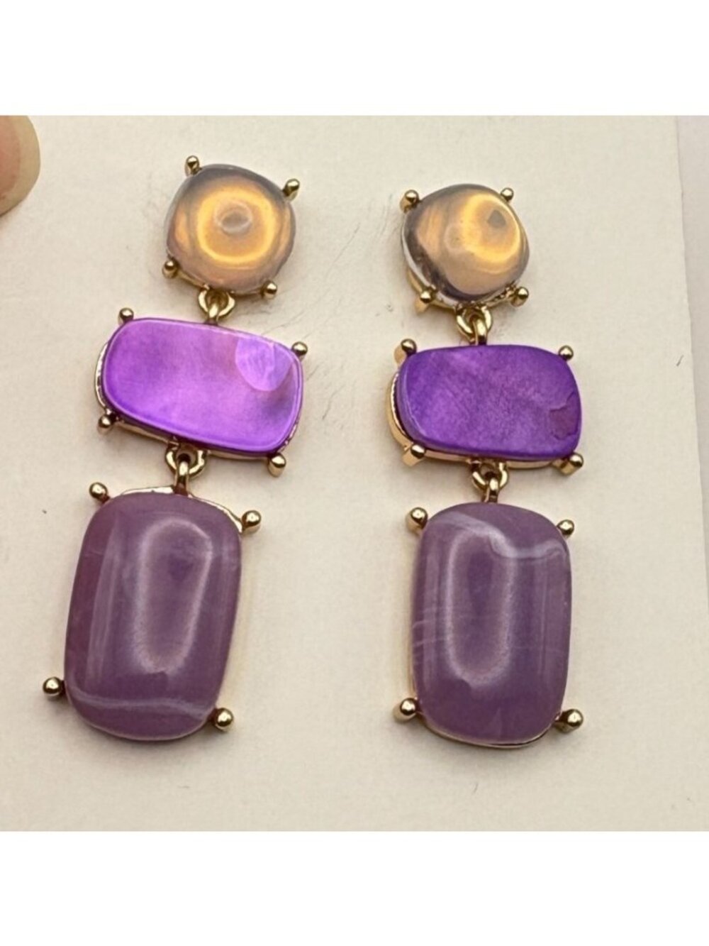 Purple Gold Tone Dangle Drop Earrings Geometric Three-Tier Faux Stones - Picture 6 of 6